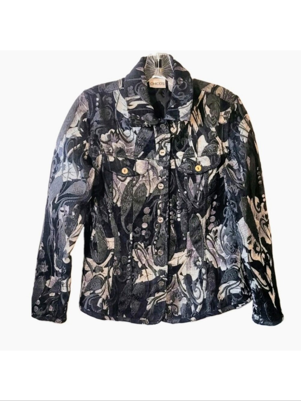 Chico's Blazer Jacket Shacket Jacquard Tapestry Abstract Size 0/S Black Gray VTG